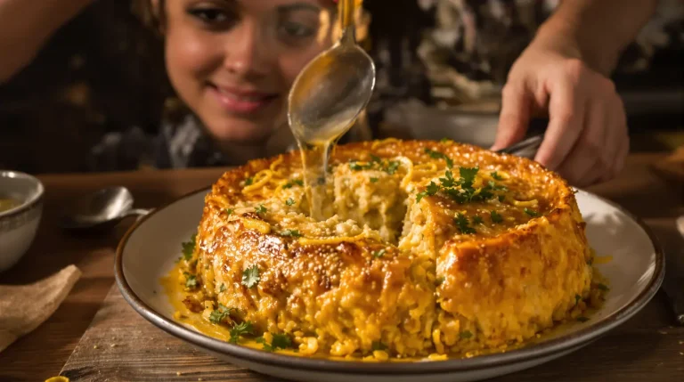 Doré dessous, fondant dessus : ce riz au four au poulet effiloché se retourne comme un gâteau